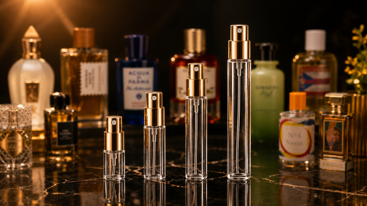 Luxury fragrance decant vials in 1ml, 2ml, 5ml, and 10ml sizes on a glossy black surface with perfume bottles softly blurred in the background